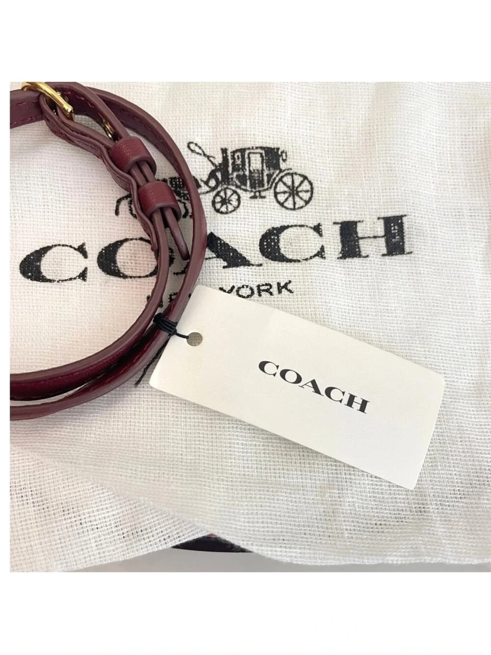 Coach Burgundy Double-Wrap Leather Buckle Bracelet Dust Bag
